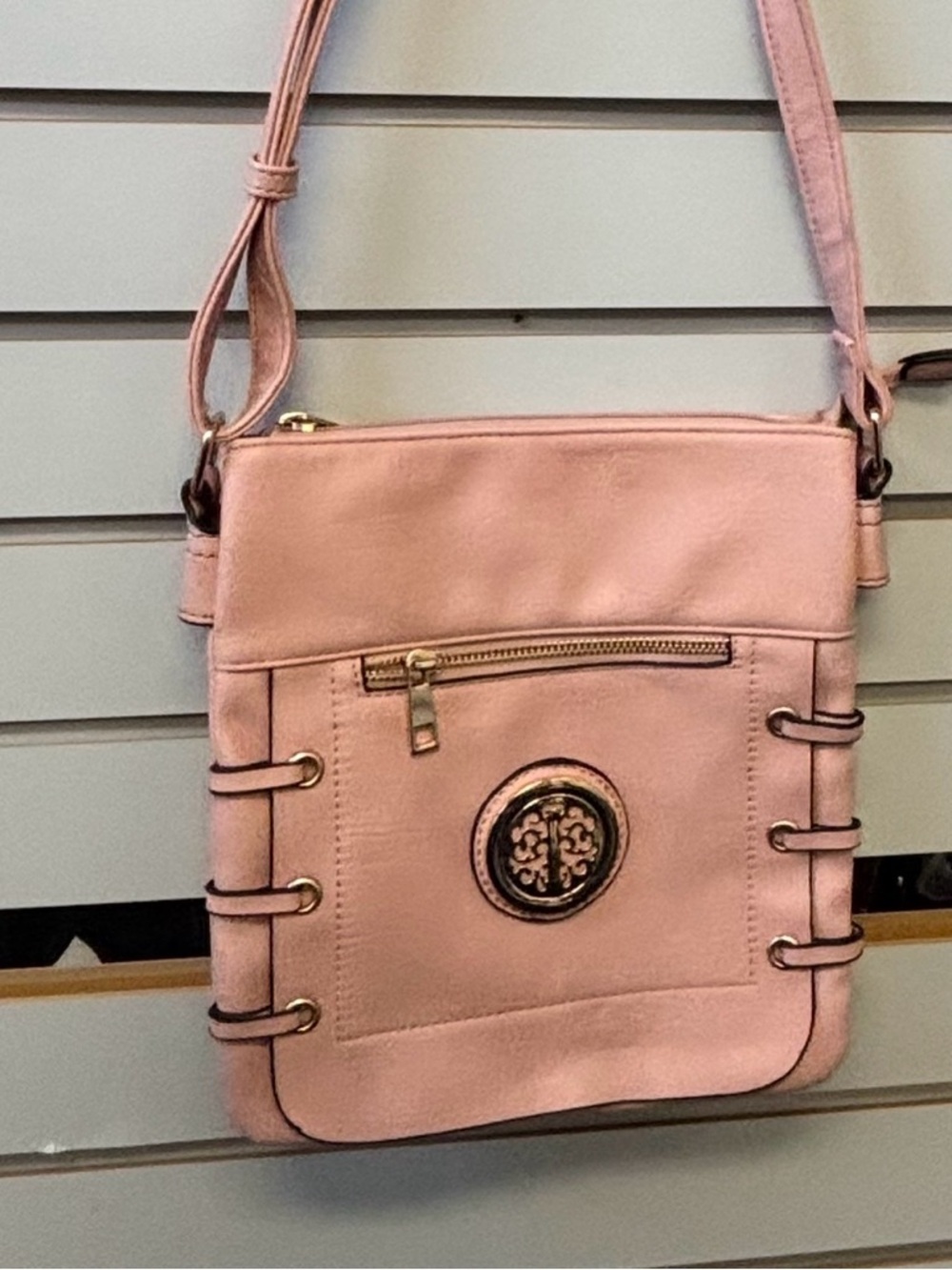 Charming Charlie Blush Pink Crossbody Bag with Metal Medallion